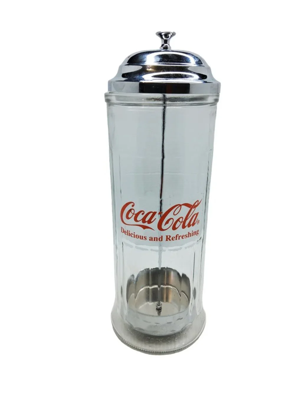 Vintage 1992 Coca-Cola Glass,Metal Lid Straw Dispenser Jar